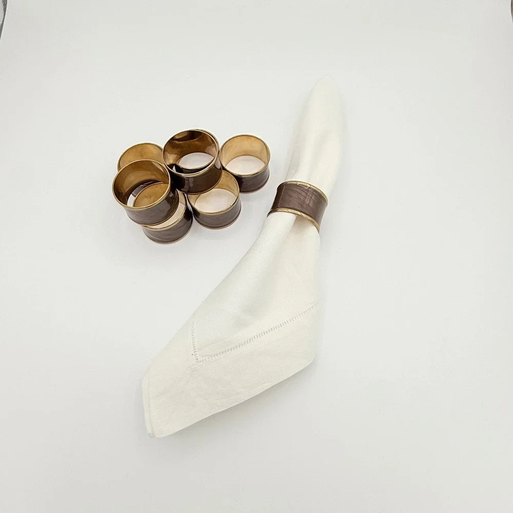 Vintage Brass & Marbled Enamel Napkin Rings Set of 8 Taupe Brown